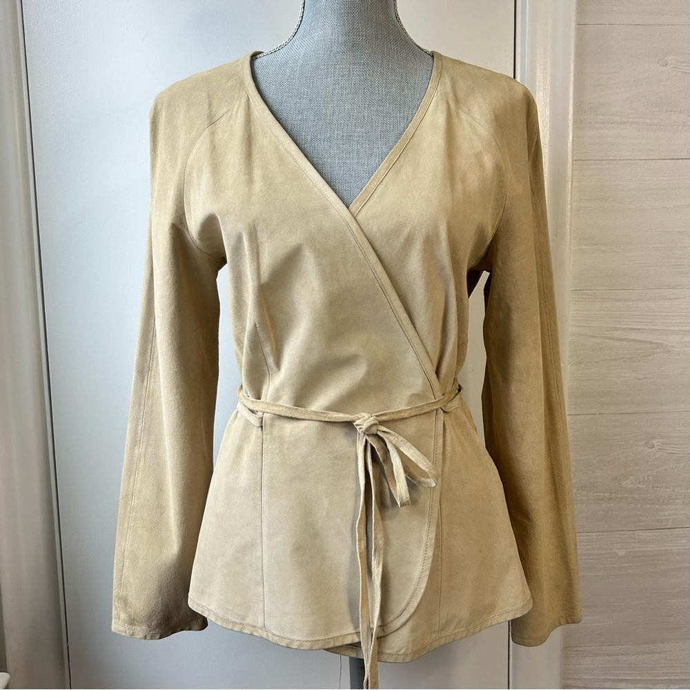 Suede Danier Wrap Front Shirt w/Tie Waist Beige